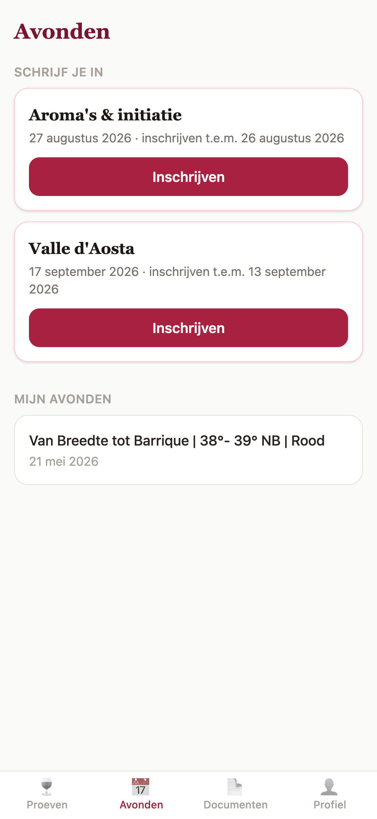 De avondenlijst in WineFlow: alle proefavonden van het wijnjaar.